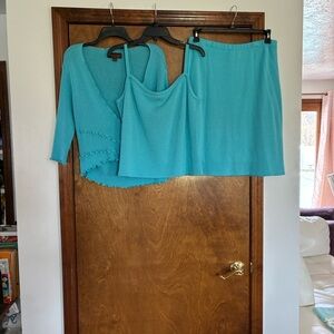3 Piece Ruffled Wrap Knit Top, Tank & Skirt Set XL in Aqua